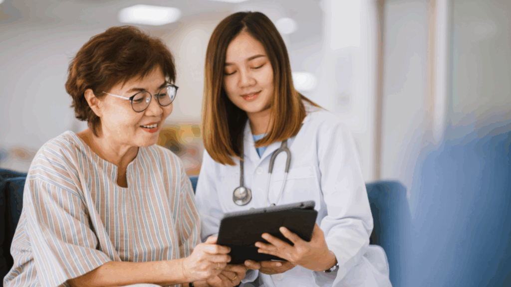physician speaking with patients on health facts